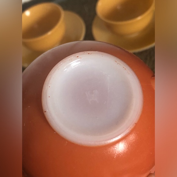 6 Hazel Atlas Tea Cups Gold Yellow, Orange Gray With...